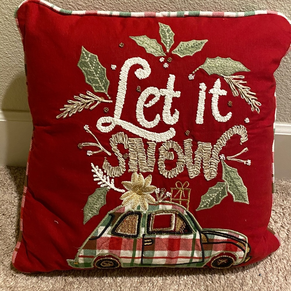COPY - Holiday Pillow “LET IT SNOW” red w/ Plaid trim